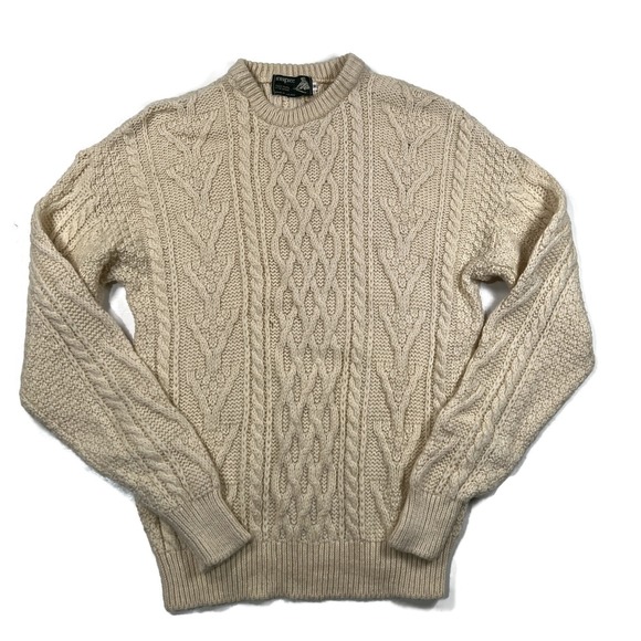Inisfree Ivory Fisherman Sweater Mens Medium Ireland Cable Knit 100% Wool Crew